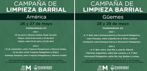 Contenedores de residuos en operativo de limpieza en barrio América y Güemes, Puerto Madryn